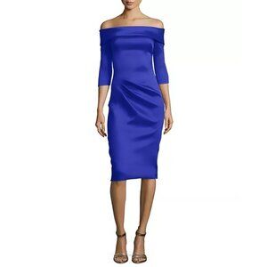 NWT THEIA Couture Blue Satin Off the Shoulder 3/4 Sleeve Cocktail Dress Size 6